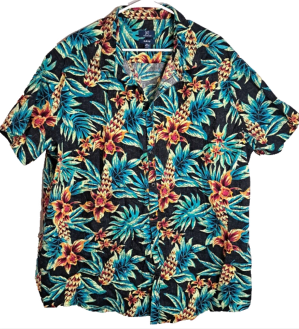 George Mens Hawaiian Shirt 3XL 54-56 SLIM FIT Black Floral Aloha Button Up READ!